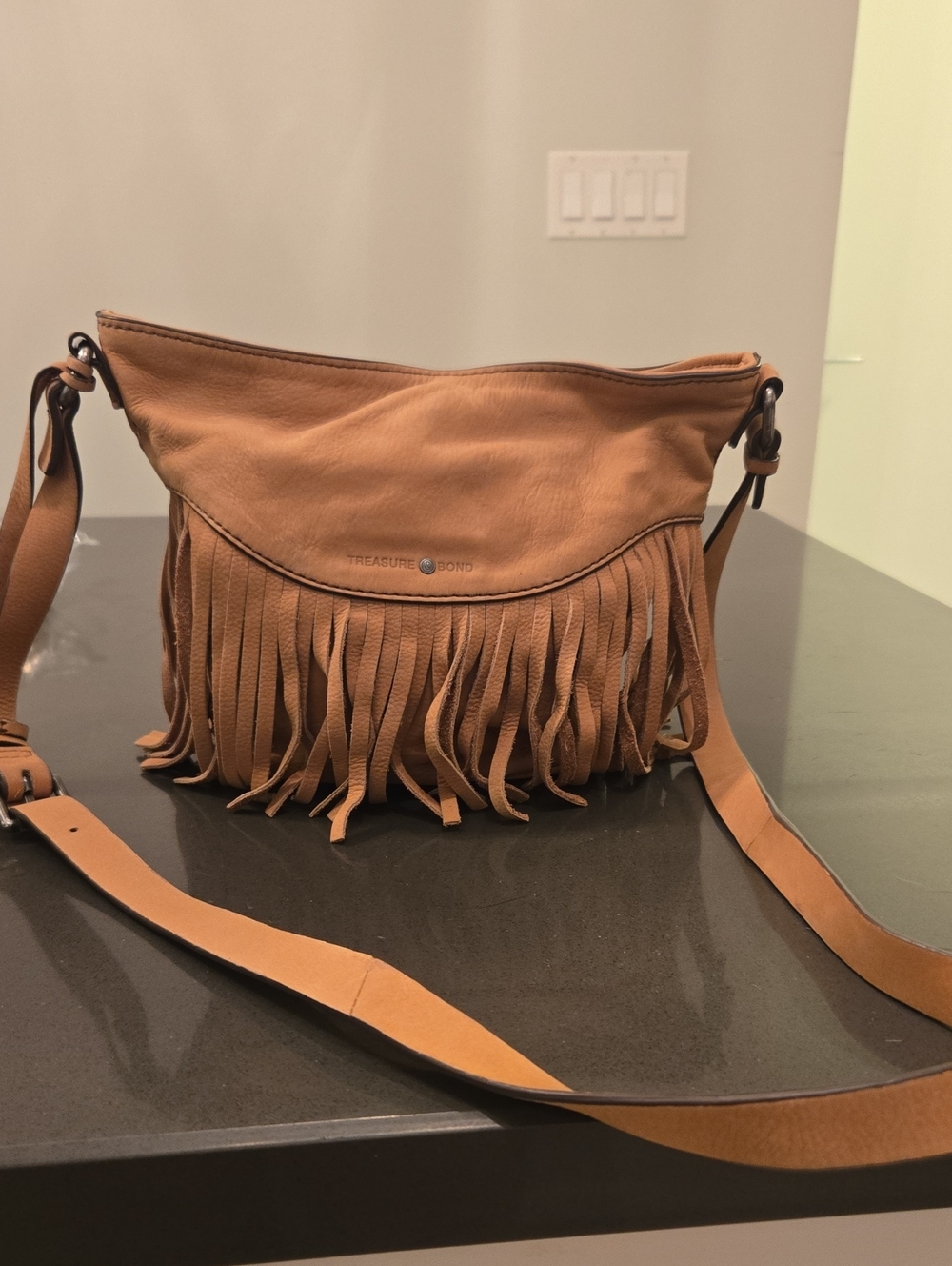 Treasure & Bond Cognac Fringe Leather Crossbody Bag